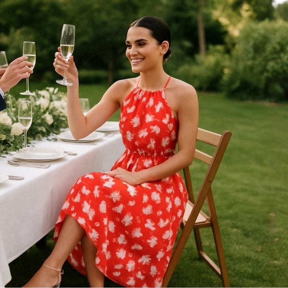 Elegant Red Floral Halter Dress